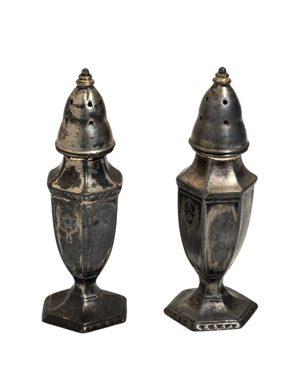Vintage Silver-Plated Salt & Pepper Shaker Set With Hexagonal Base Made In USA - Picture 4 of 9